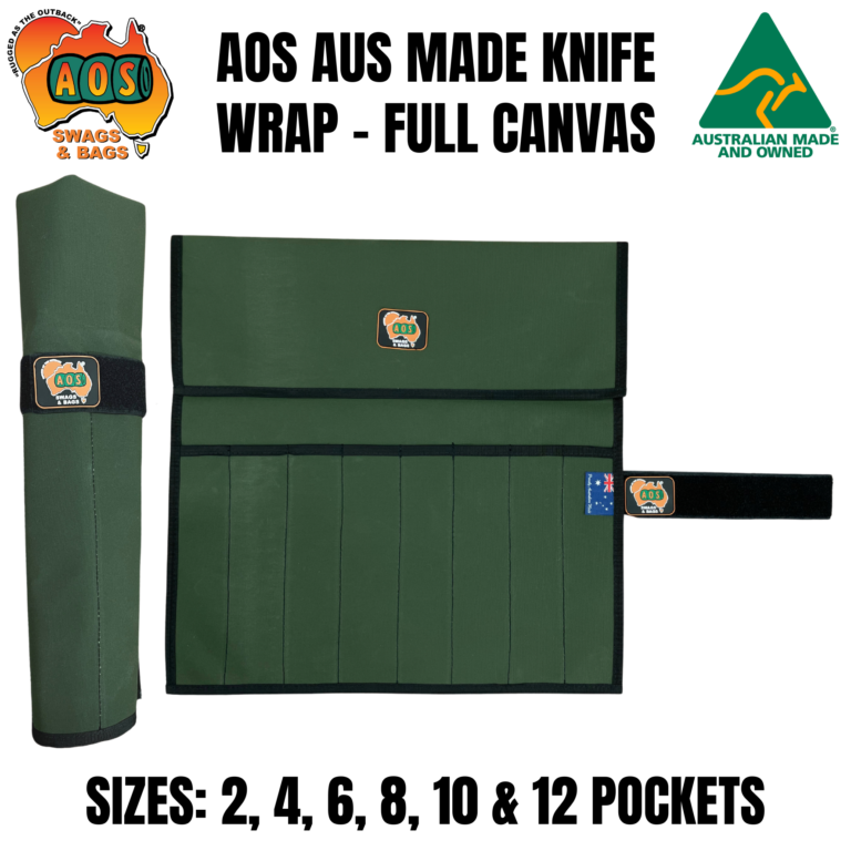 AOS Australian Made Canvas Knife, Tool & Utensil Wrap Roll – Full Canvas – Touch Tape Closure