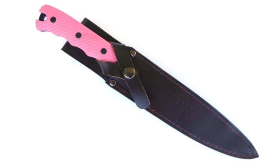 Knife, Pink G10 non slip handle with leather sheath