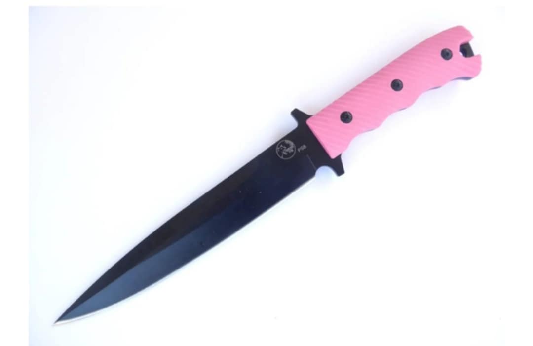 Knife, Pink G10 non slip handle with leather sheath